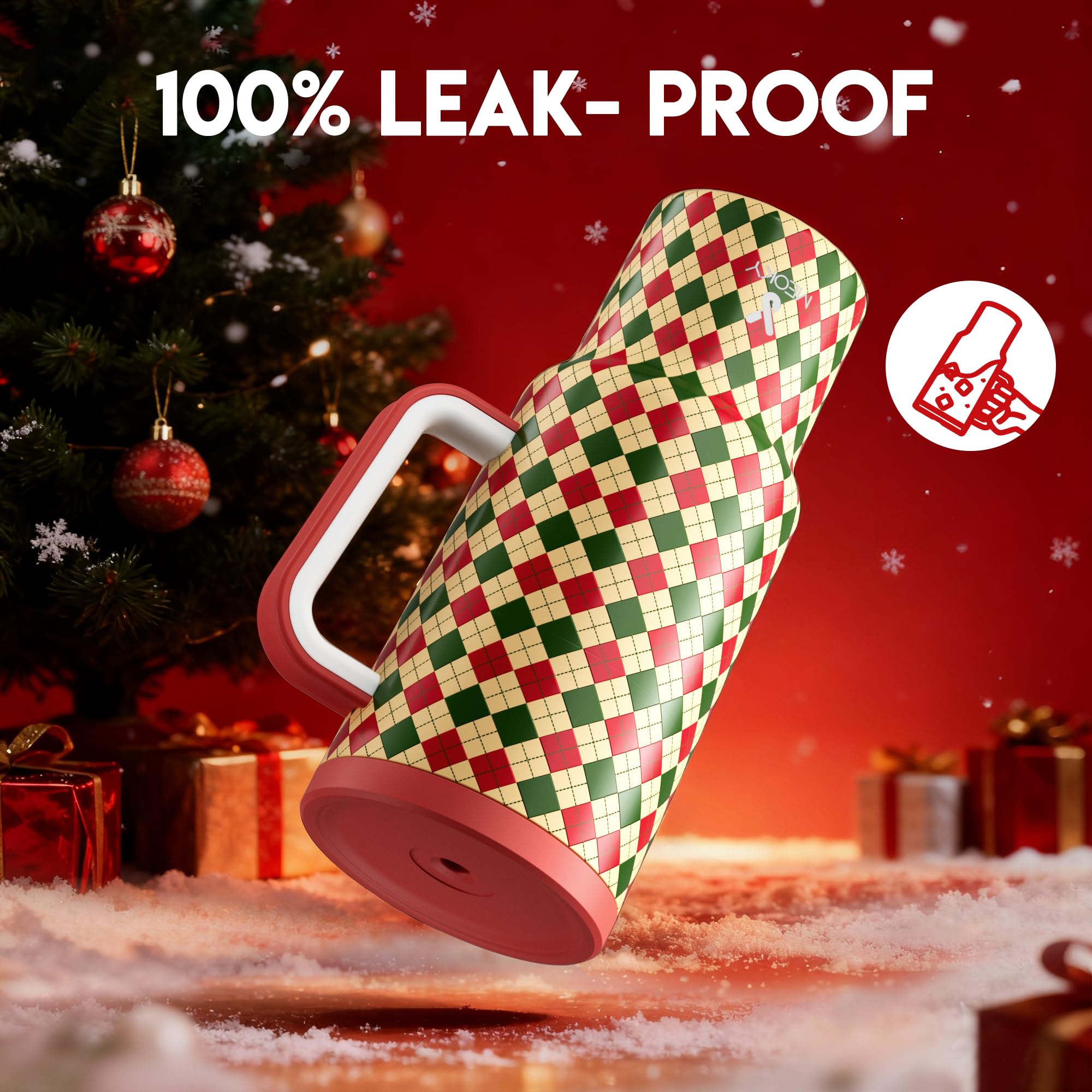 Meoky winter plaid pattern on the tumbler adds festive style.