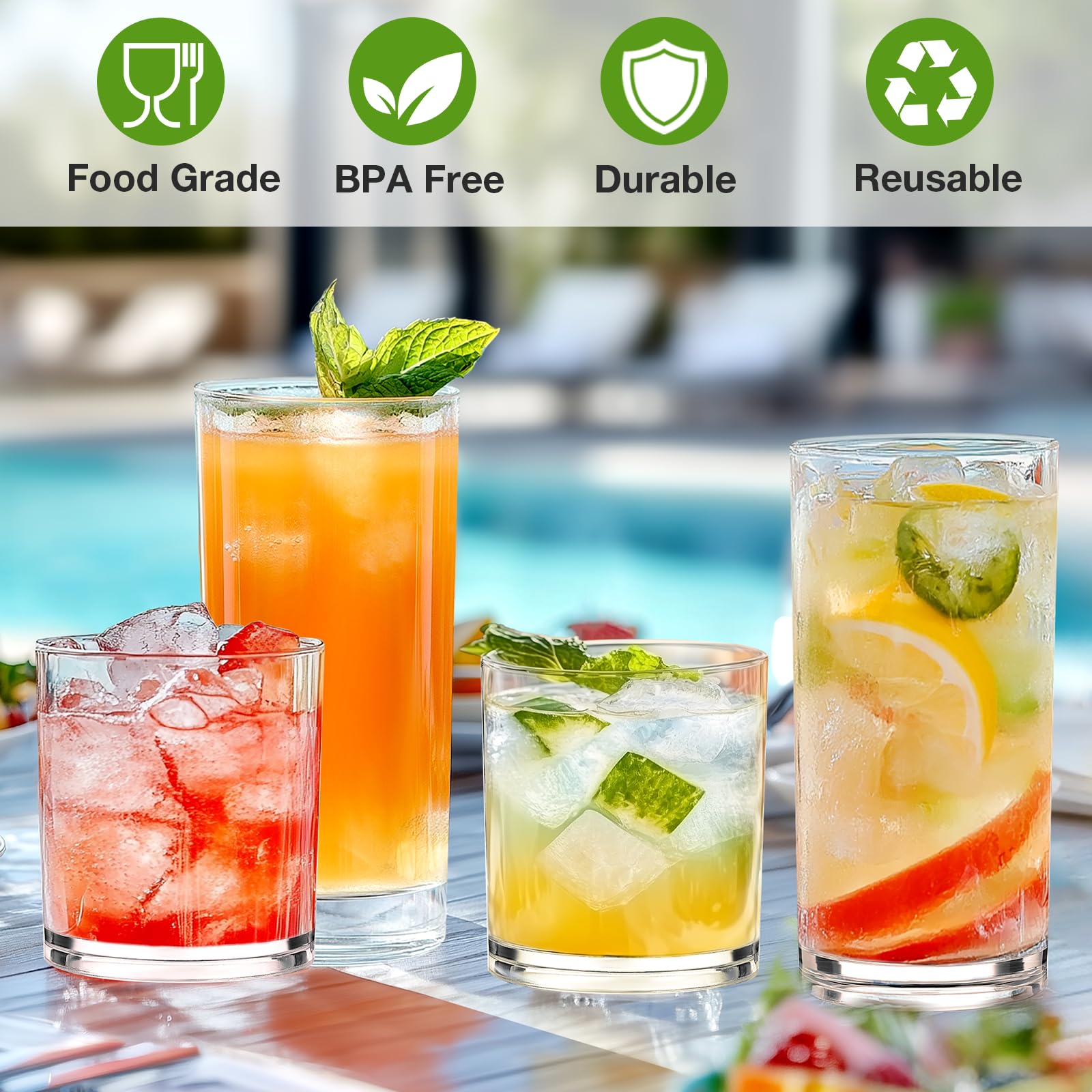 Meolibour 14oz rocks glass in clear plastic for casual sipping.