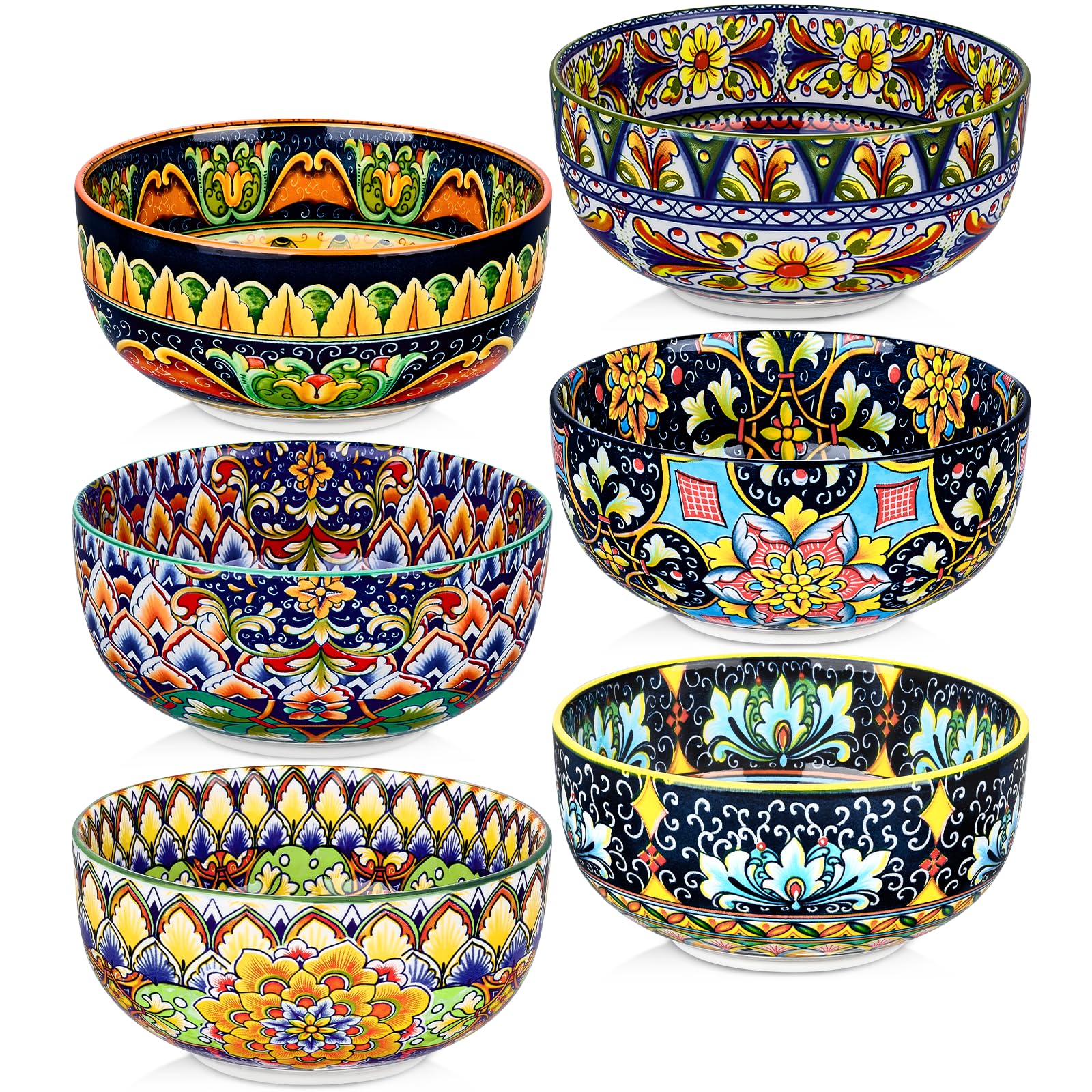Meolibour ceramic cereal bowls set of 6 with vibrant bohemian patterns, ideal for cereals and soups.