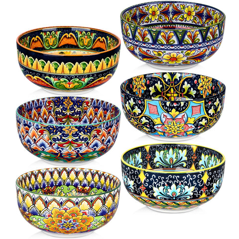 Meolibour ceramic cereal bowls set of 6 with vibrant bohemian patterns, ideal for cereals and soups.