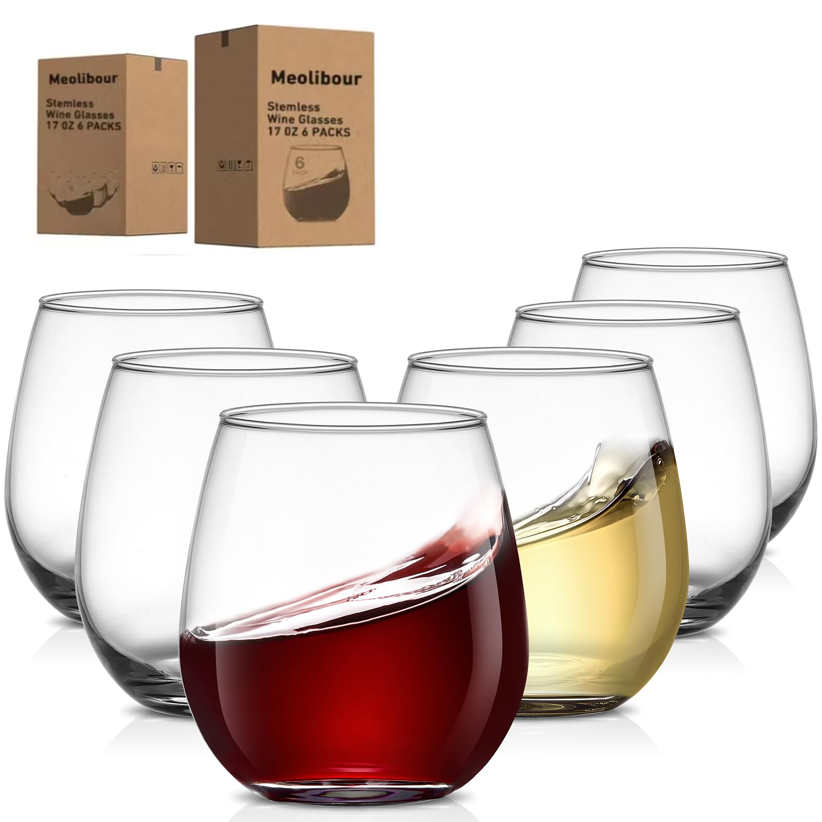Meolibour large stemless wine glasses ensemble highlights crystal clarity for elegant table settings.
