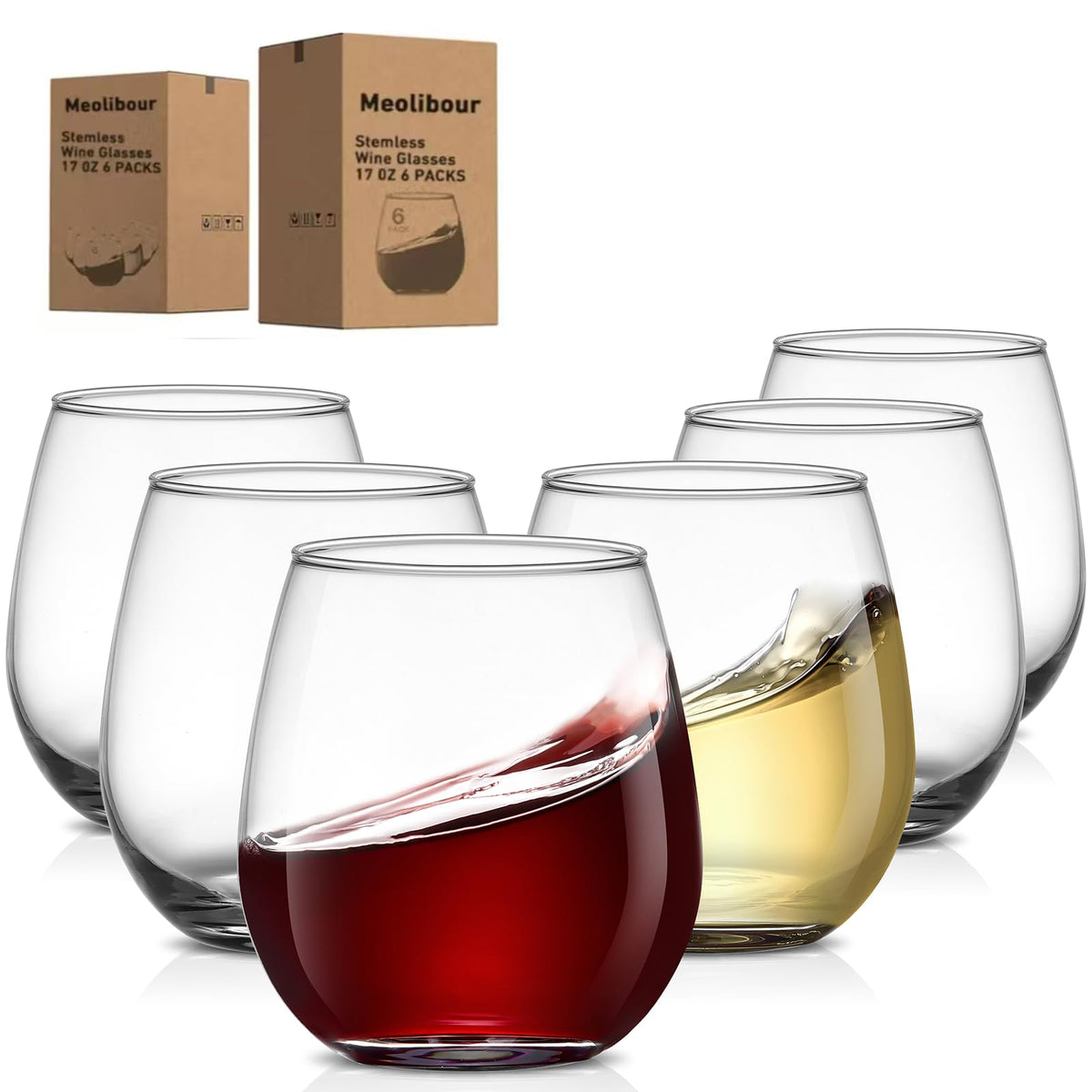 Meolibour large stemless wine glasses ensemble highlights crystal clarity for elegant table settings.