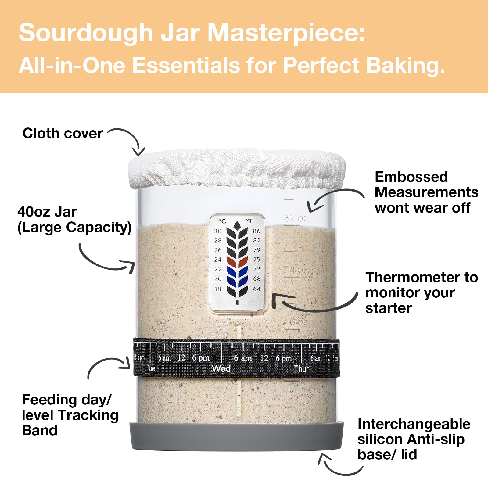 Meolibour Premium Pro Sourdough Starter Jar thermometer helps monitor fermentation temperature