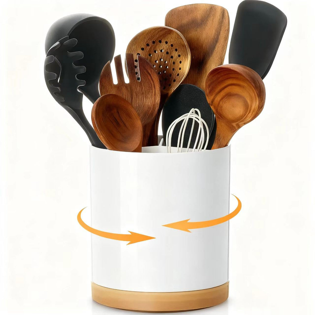 Meolibour utensil holder with 360-degree rotating base for easy access.