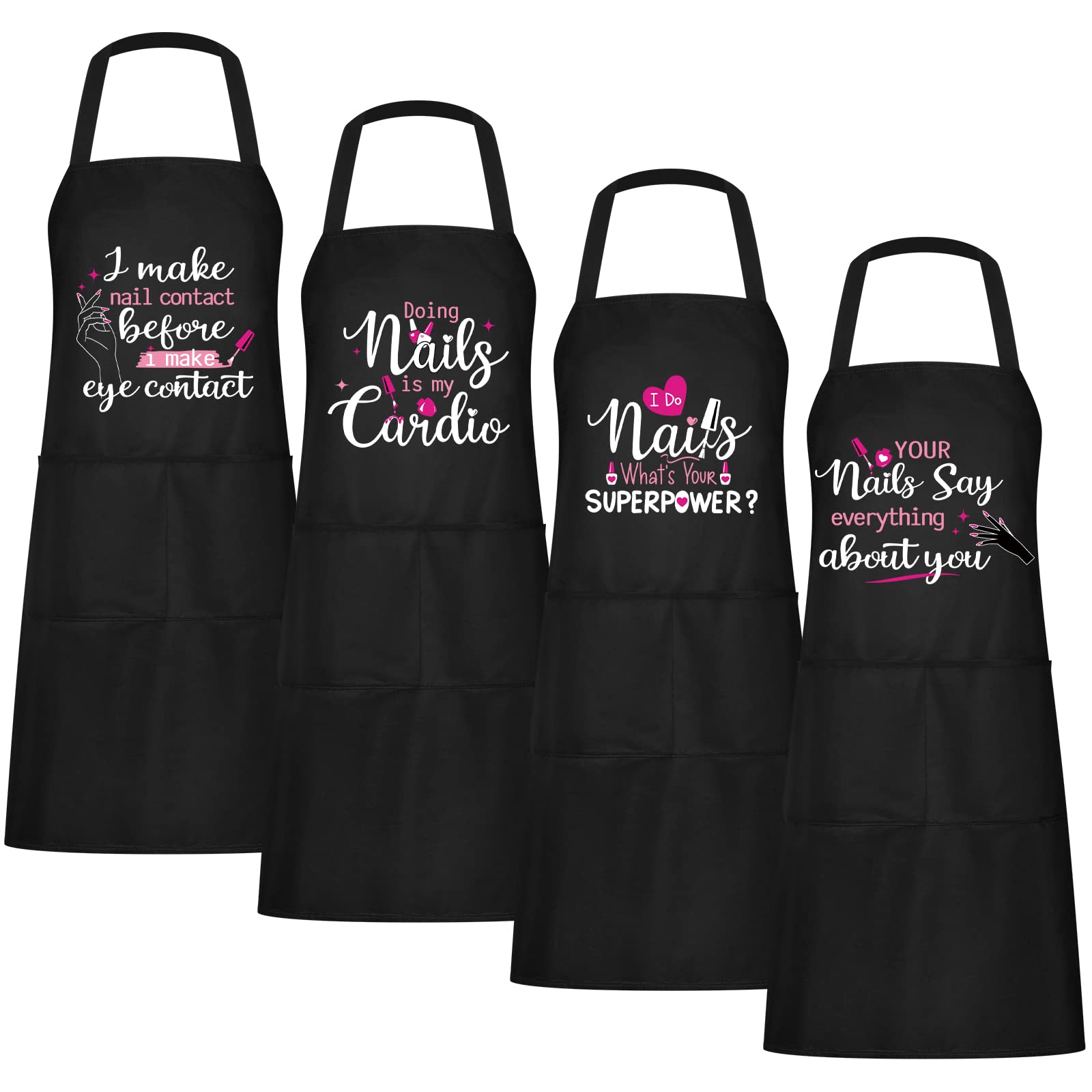 Mepase nail tech apron front view highlighting four-piece set for professional salons.