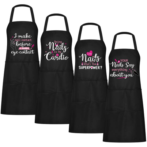 Mepase nail tech apron front view highlighting four-piece set for professional salons.