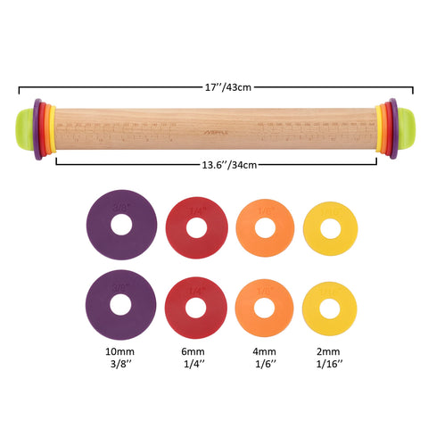 Mepple rolling pin with 3/8 inch ring for thicker dough tasks.