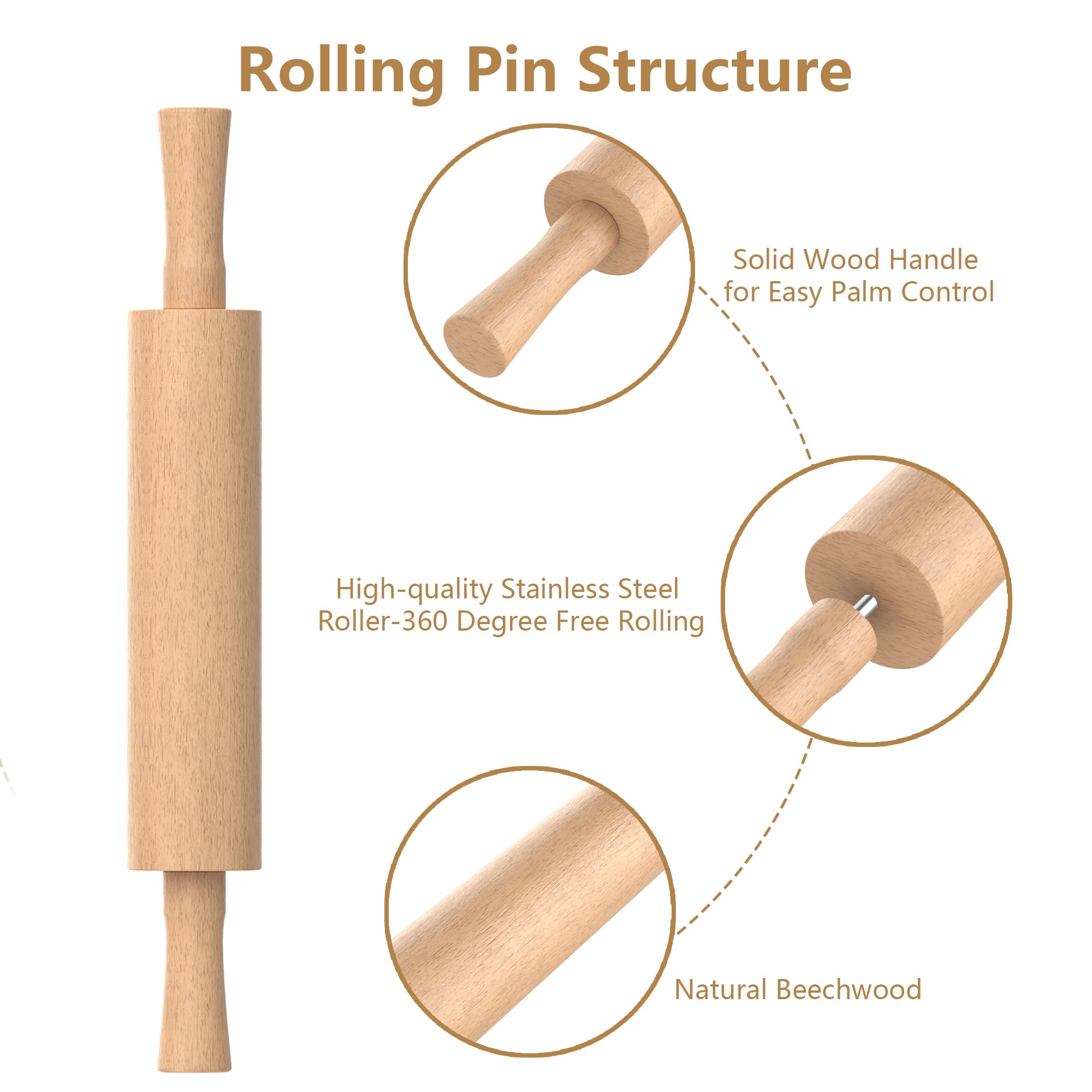 Mepple rolling pin smooth surface reduces sticking during rolling.