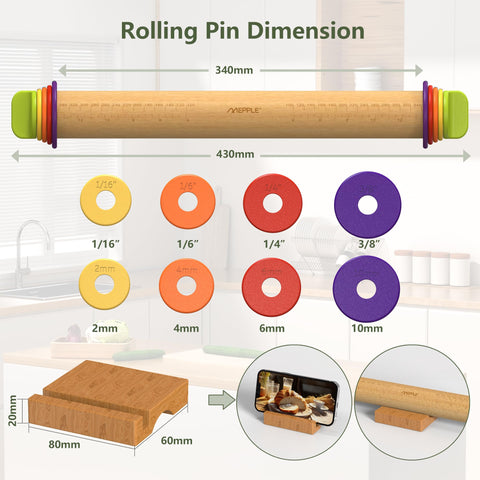 Mepple rolling pin with storage stand keeps the area organized.
