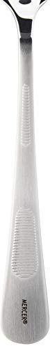 Mercer Culinary spoon with dual micro-serrated handle improves grip during plating tasks.