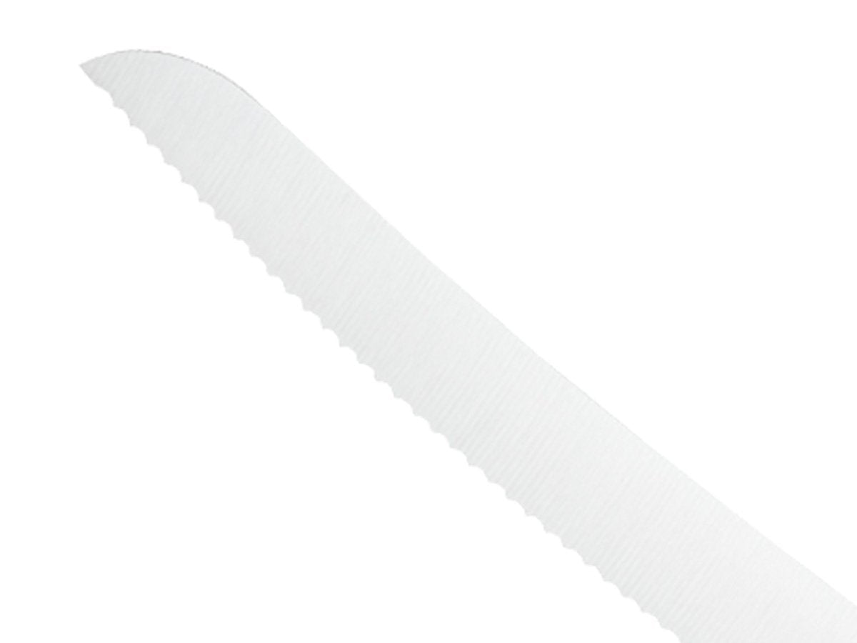 Curved 10-inch wavy-edge bread knife by Mercer M23880 in use.