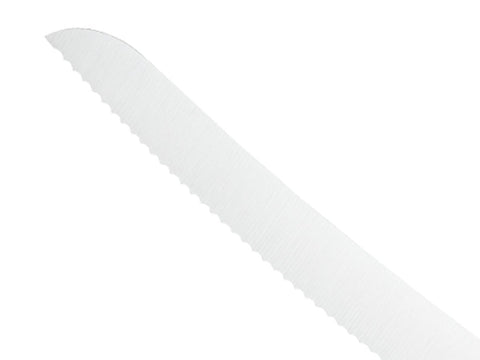 Curved 10-inch wavy-edge bread knife by Mercer M23880 in use.