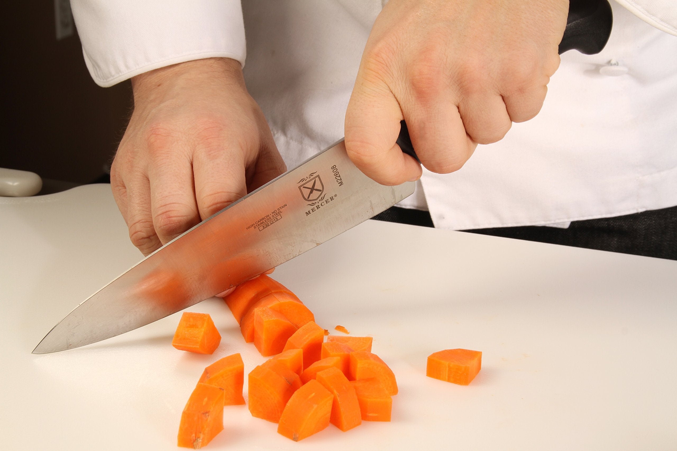 Mercer Culinary Millennia 8-Inch knife tang-balanced for improved balance.