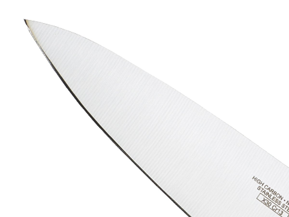 Mercer Millennia high-carbon Japanese steel blade close-up highlighting edge quality