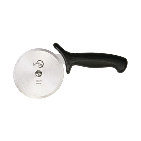 Mercer Culinary Millennia pizza cutter with black handle slices crusts cleanly