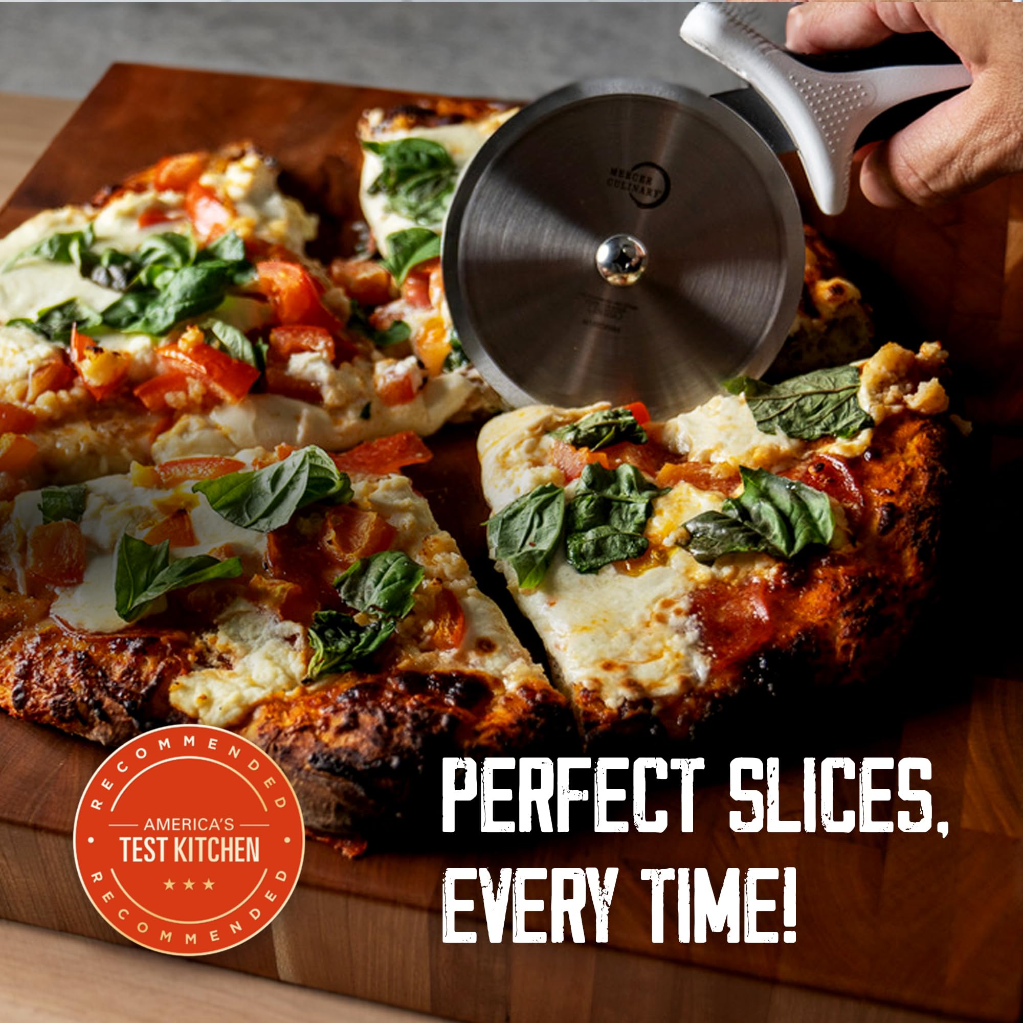 Mercer Millennia pizza cutter with ergonomic handle provides slip-resistant grip
