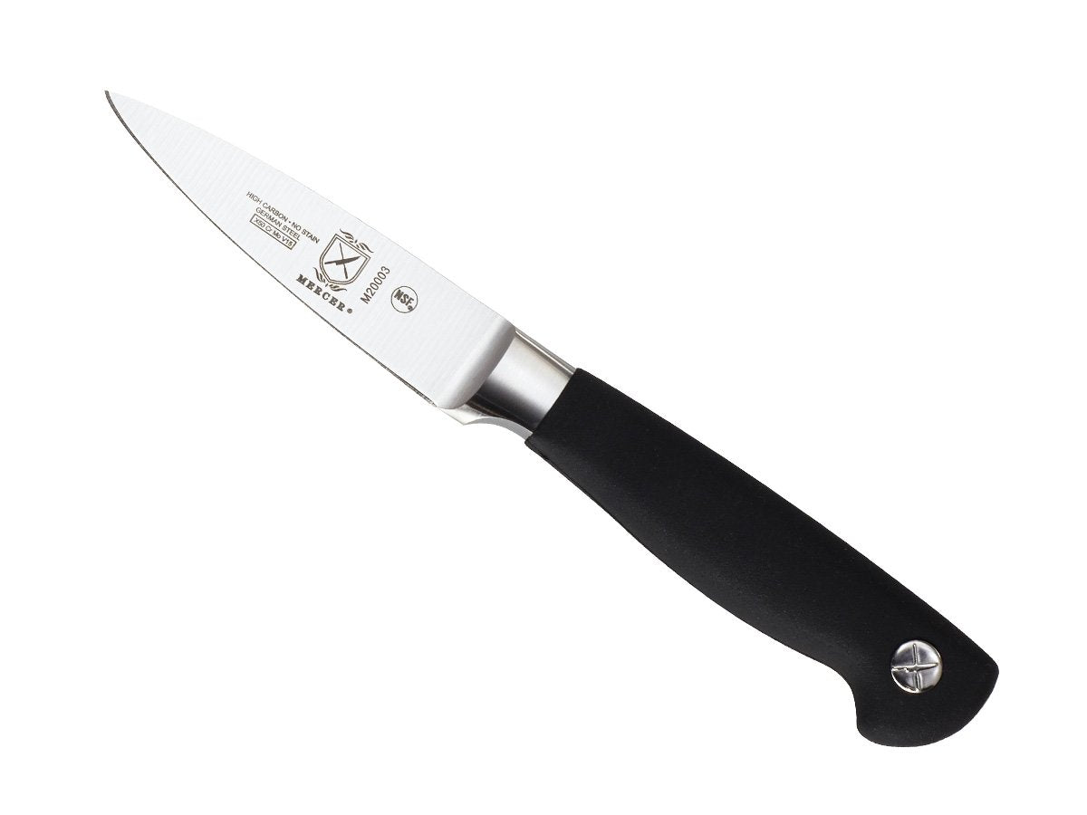 Mercer Genesis paring knife handle detail emphasizes non-slip Santoprene grip for confident use