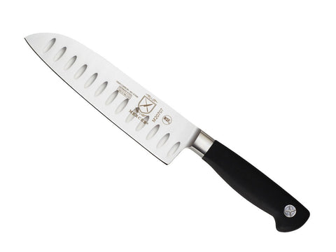 Mercer Genesis 7-Inch Santoku blade with Granton edge for smooth, thin slices.