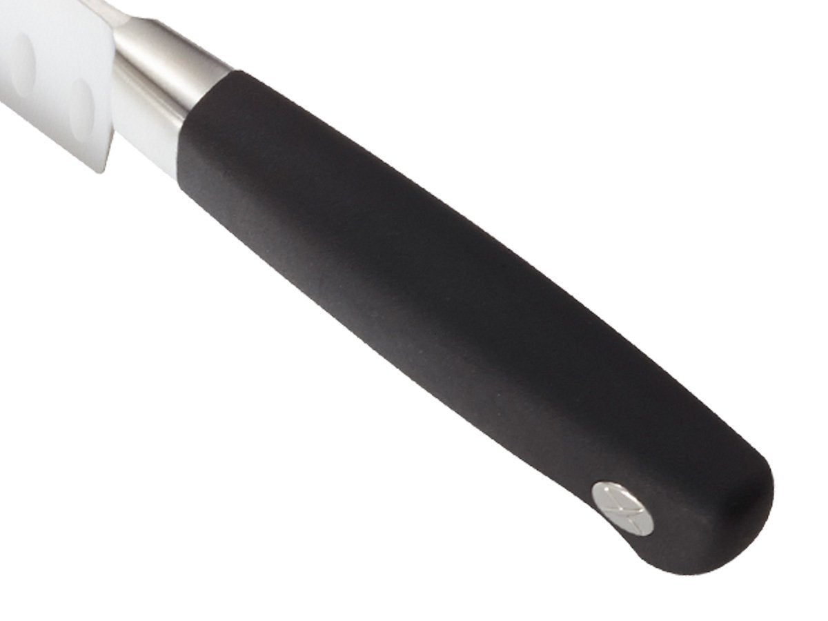 Mercer Genesis Santoku blade with Granton edge for easy release during slicing.