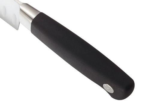 Mercer Genesis Santoku blade with Granton edge for easy release during slicing.