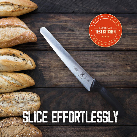 Mercer Millennia black-handle close-up shows ergonomic grip and balanced control.