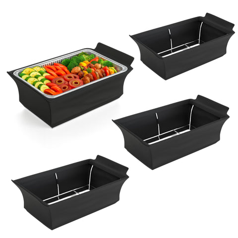 Merchlio chafer wind guard over a chafing dish for steady heat at outdoor buffets.
