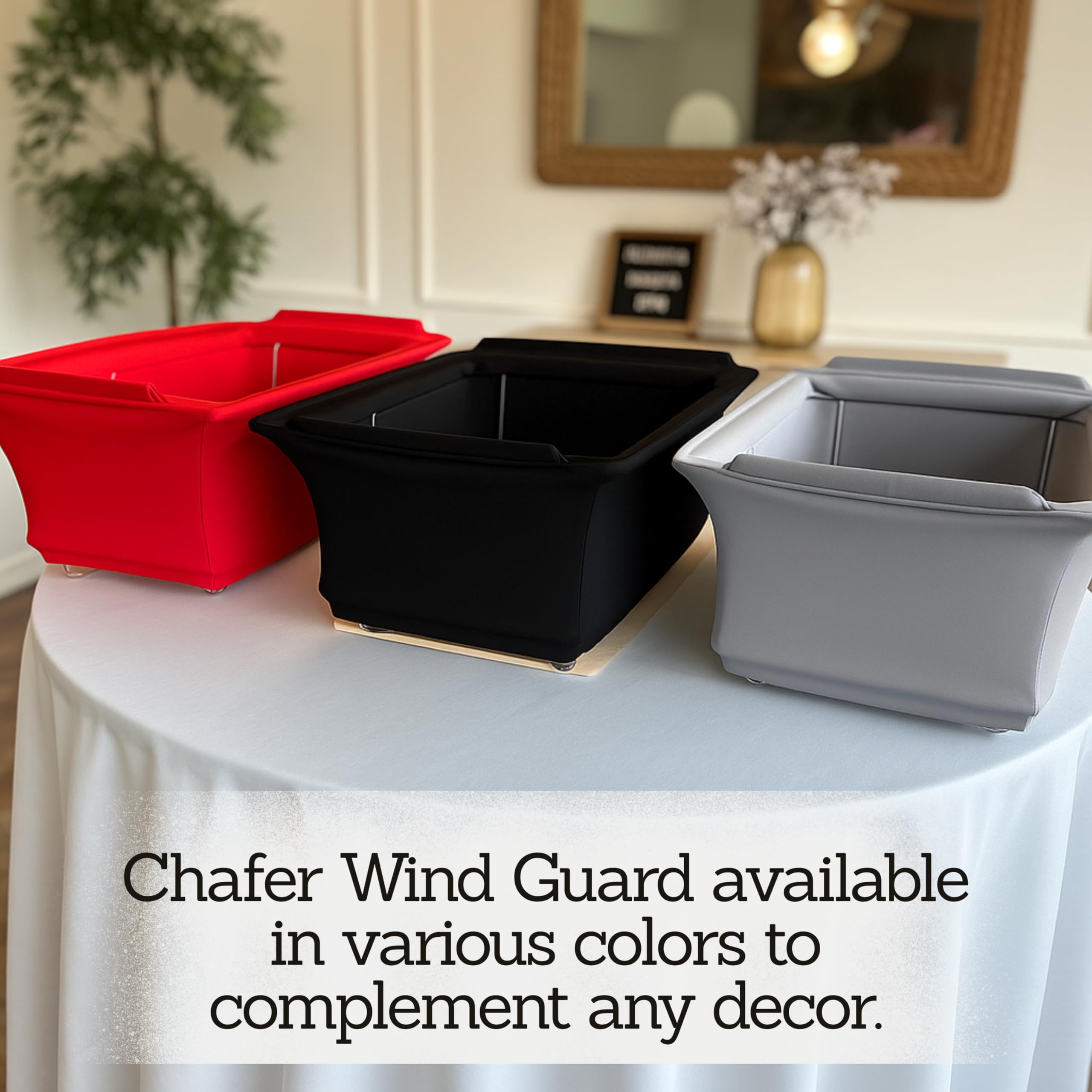 Merchlio wind guard with stable fit on chafing rack handles.