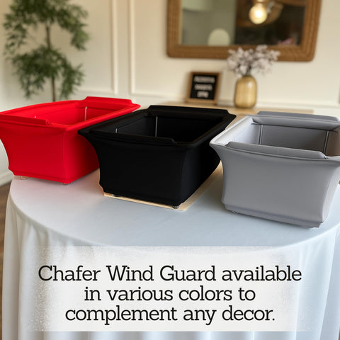 Merchlio wind guard with stable fit on chafing rack handles.