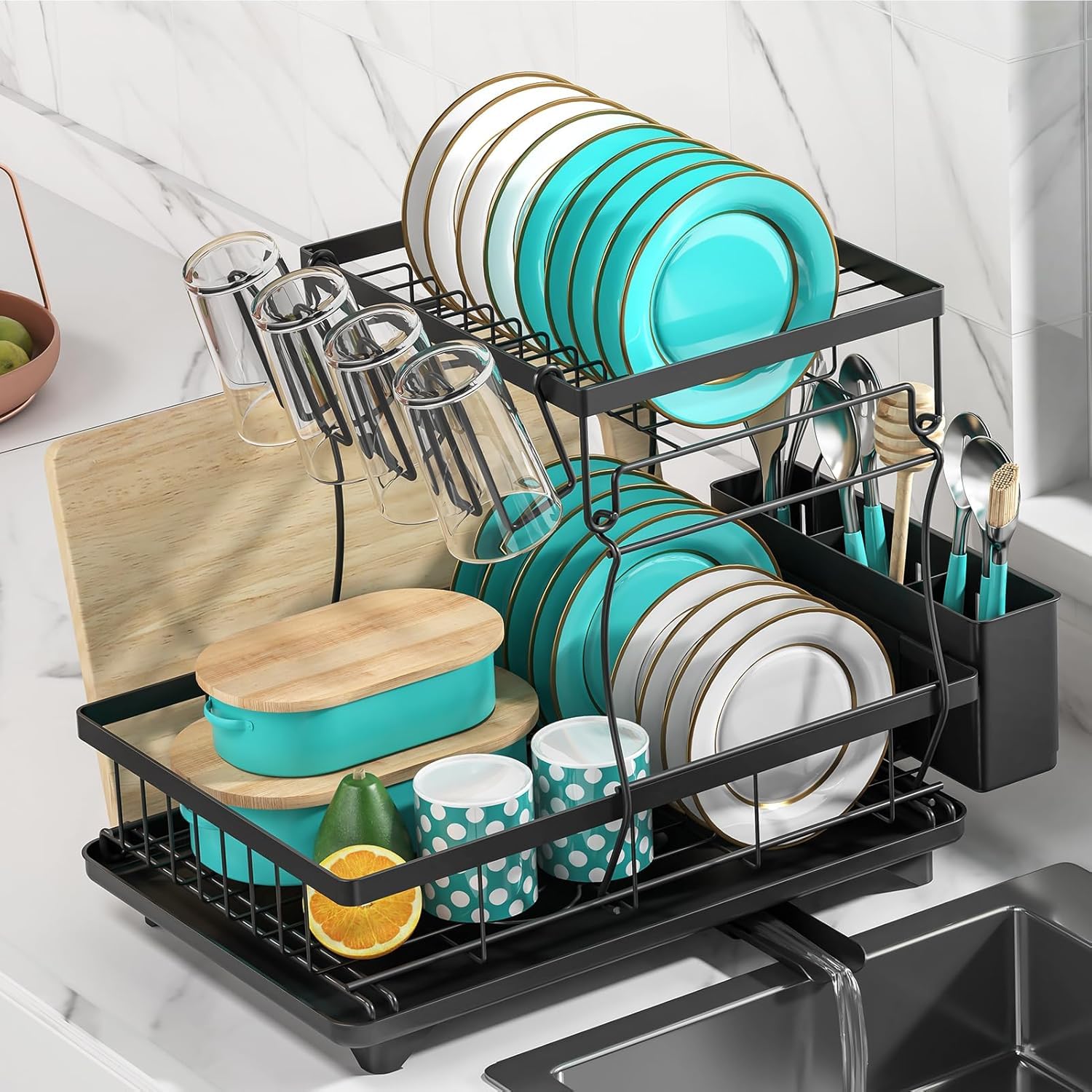 MERRYBOX large-capacity 2-tier dish drying rack keeps many plates organized and dry.