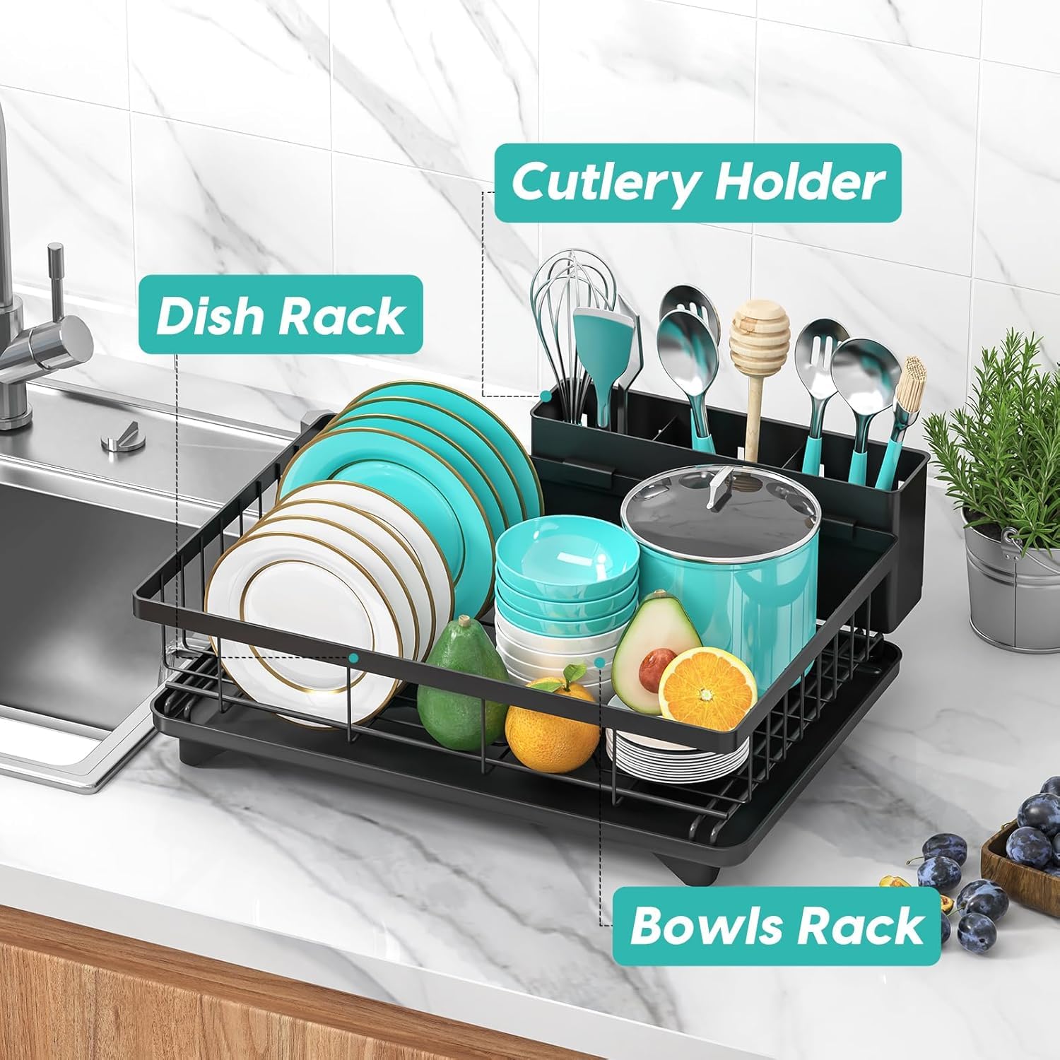Dishes and bowls securely drying on rack without crowding counter space.