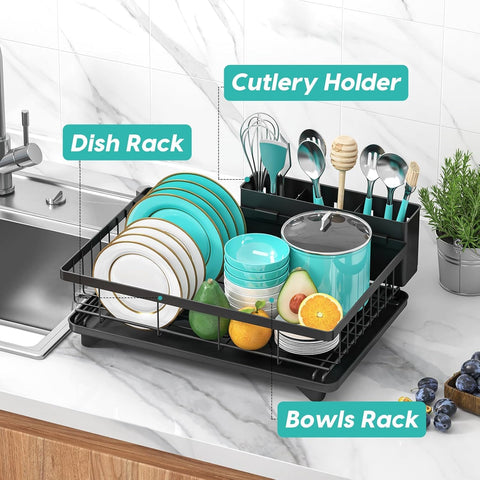 Dishes and bowls securely drying on rack without crowding counter space.