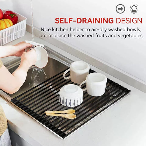 Multipurpose kitchen mat doubles as prep area and pot protection.