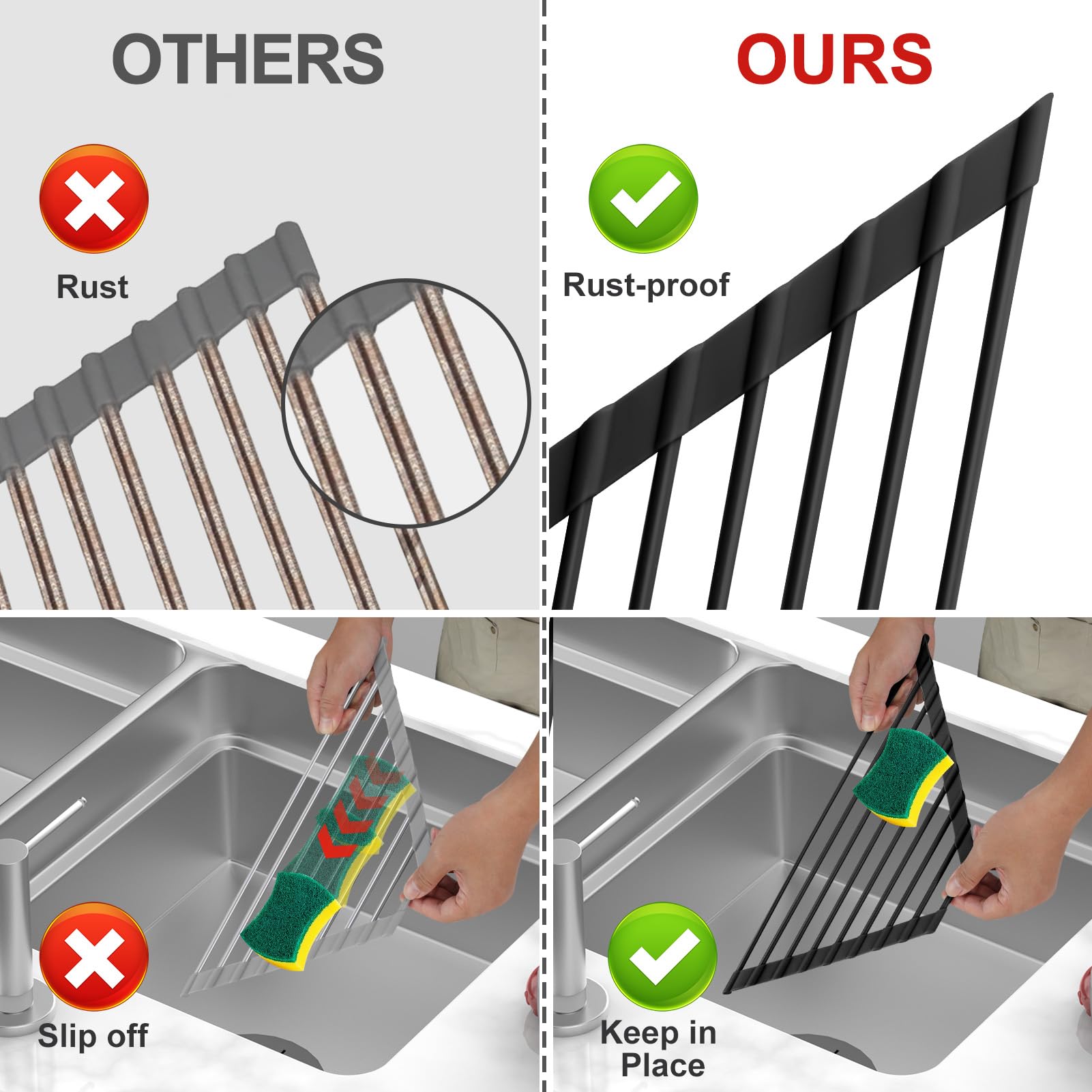 Close-up of silicone-wrapped rack showing protective, durable surface for sink edges