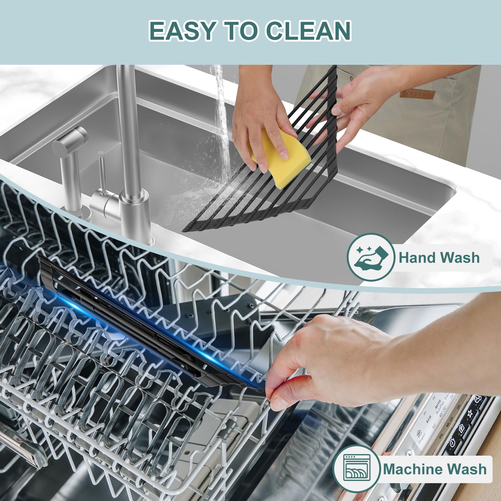 Trim-to-fit feature helps customize the rack to your sink