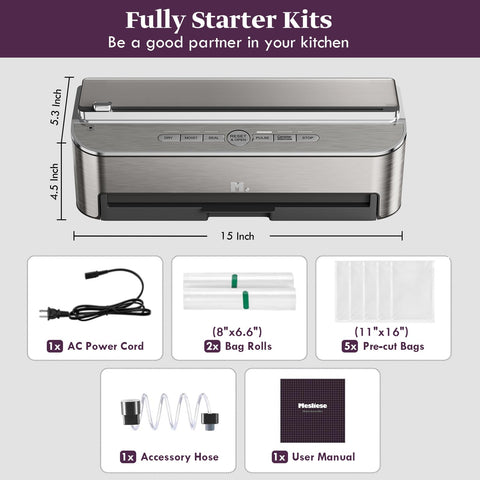 Mesliese air suction hose included for versatile sealing and marinating tasks.
