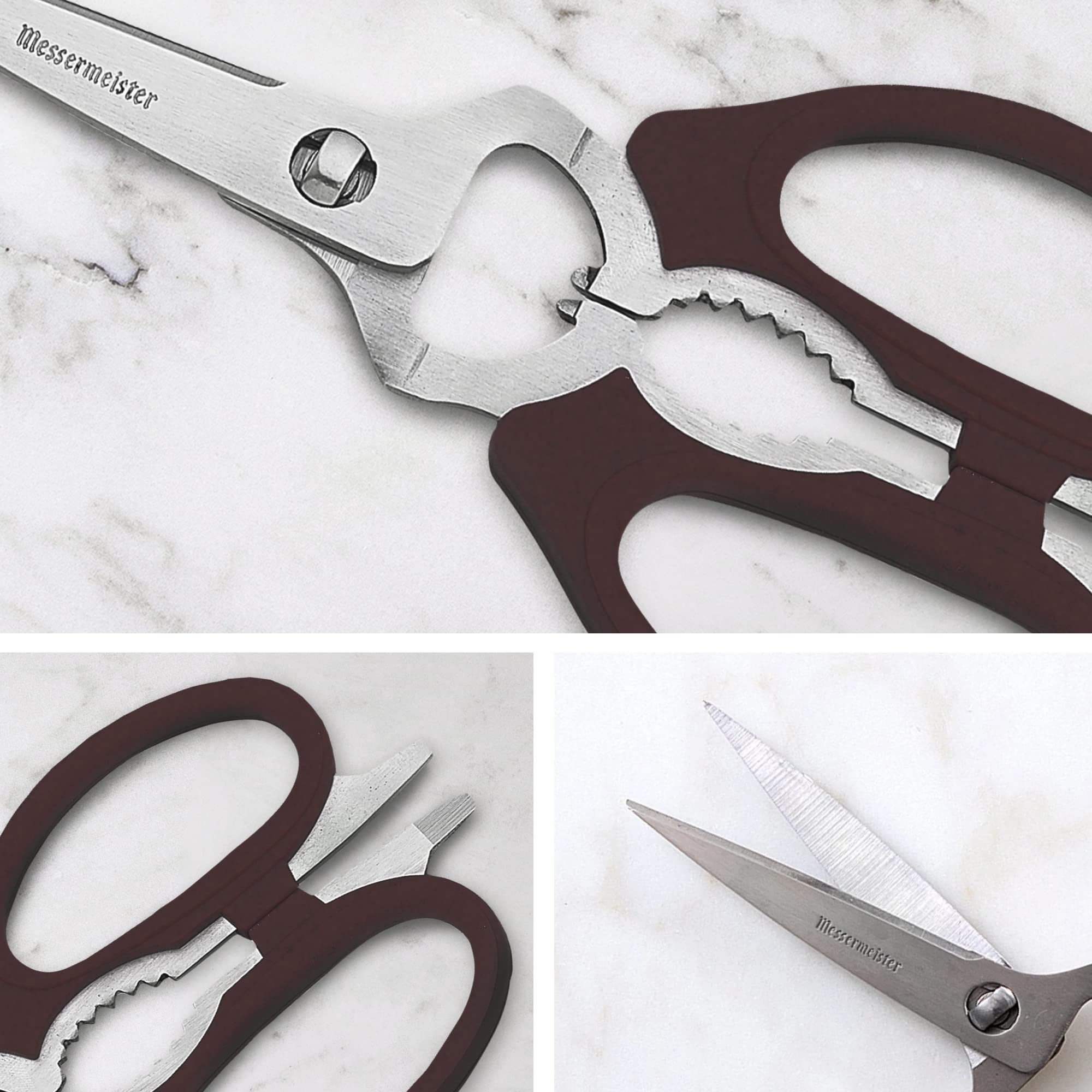 Messermeister bottle opener and bone-and-twig cutter extend versatility in prep tasks.