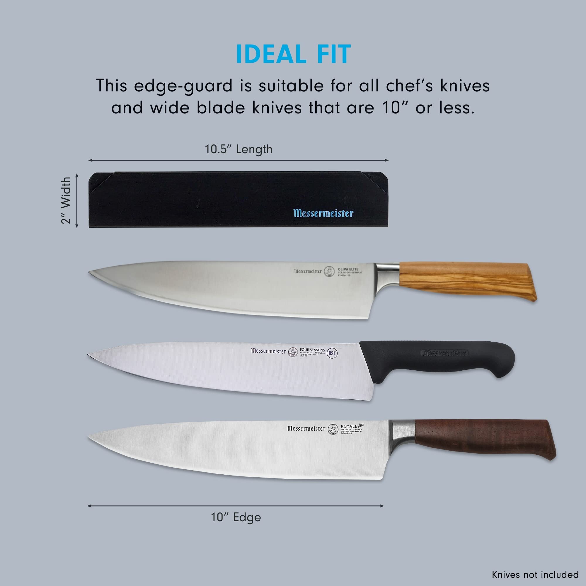 Messermeister Edge-Guard on a chef knife for safe, organized kitchen storage.