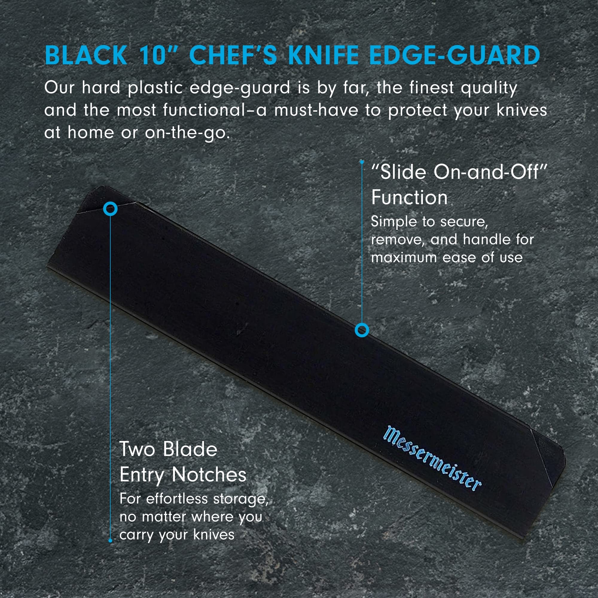Messermeister Edge-Guard with two blade notches keeps wide-blade knives secure.