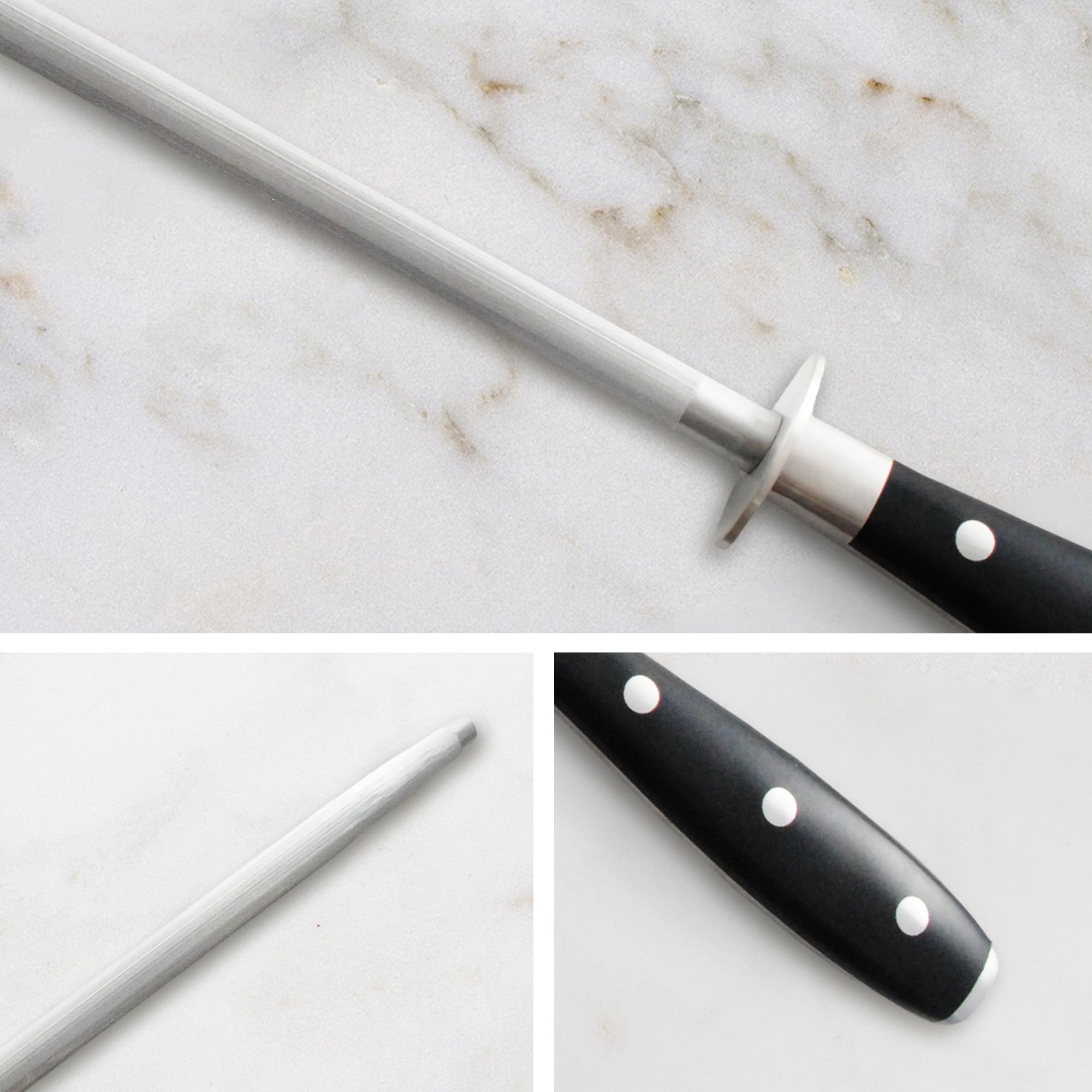 Messermeister ergonomic soft-grip handle provides comfortable sharpening control.
