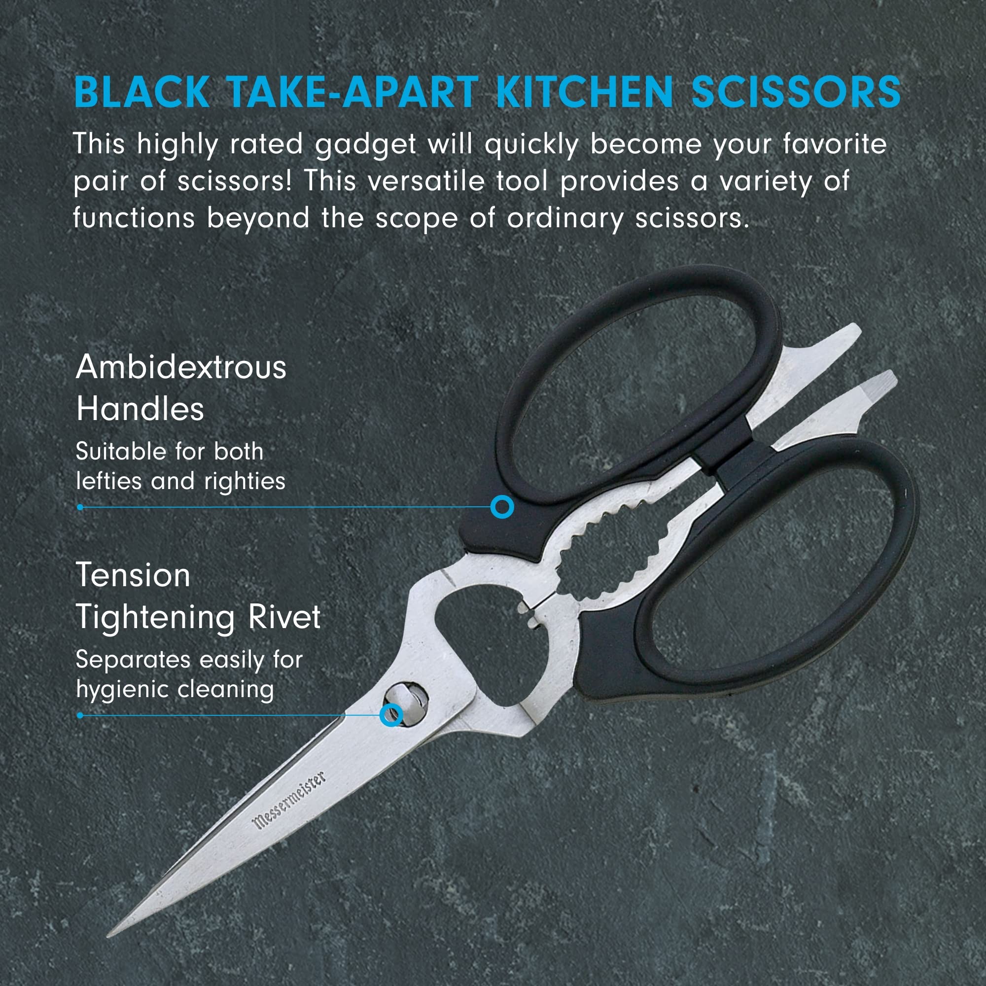 Screwdriver attachment on Messermeister scissors enabling quick on-the-spot tool access.