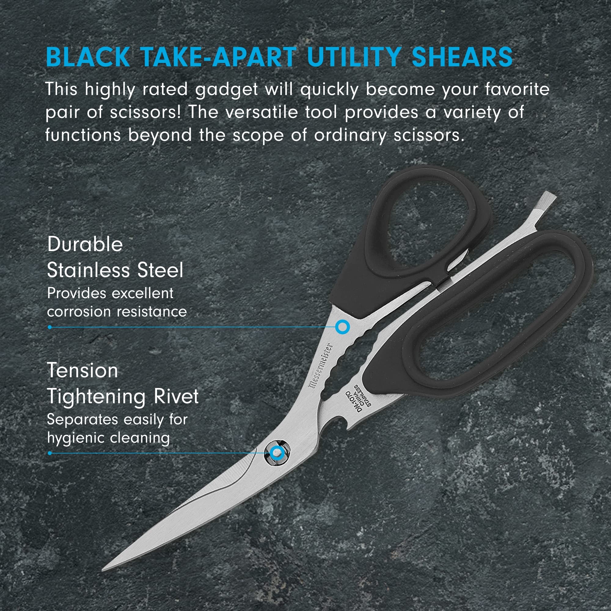Messermeister take-apart shears showing screwdriver feature for quick tasks