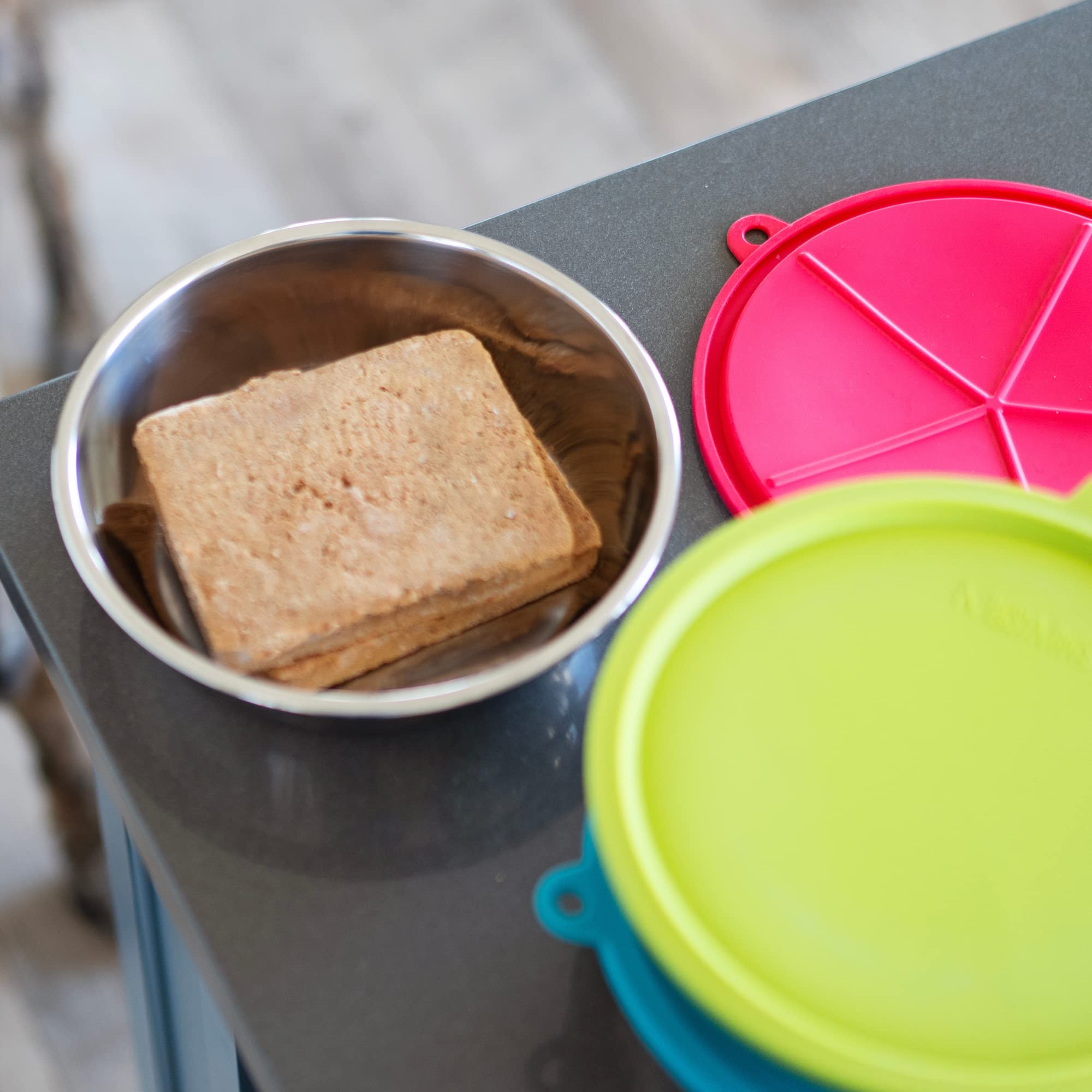 Messy Mutts green lid color-codes meals and seals leftovers.