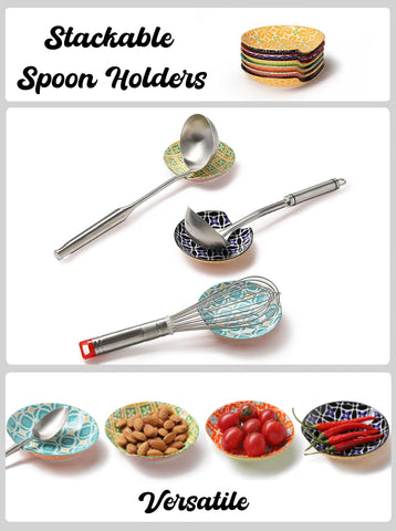 Metahom ceramic spoon rest in vibrant colors brightens kitchen counter aesthetics.