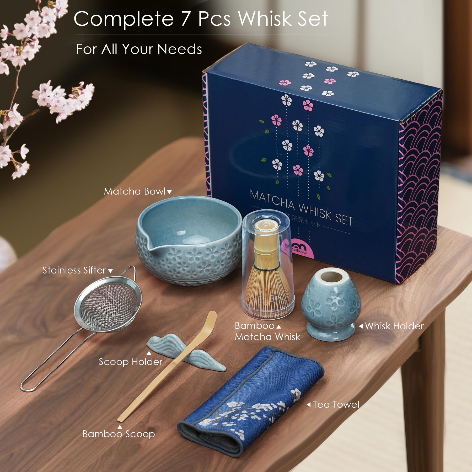 Metflavor matcha bowl with spout and sakura blue pattern for easy pouring