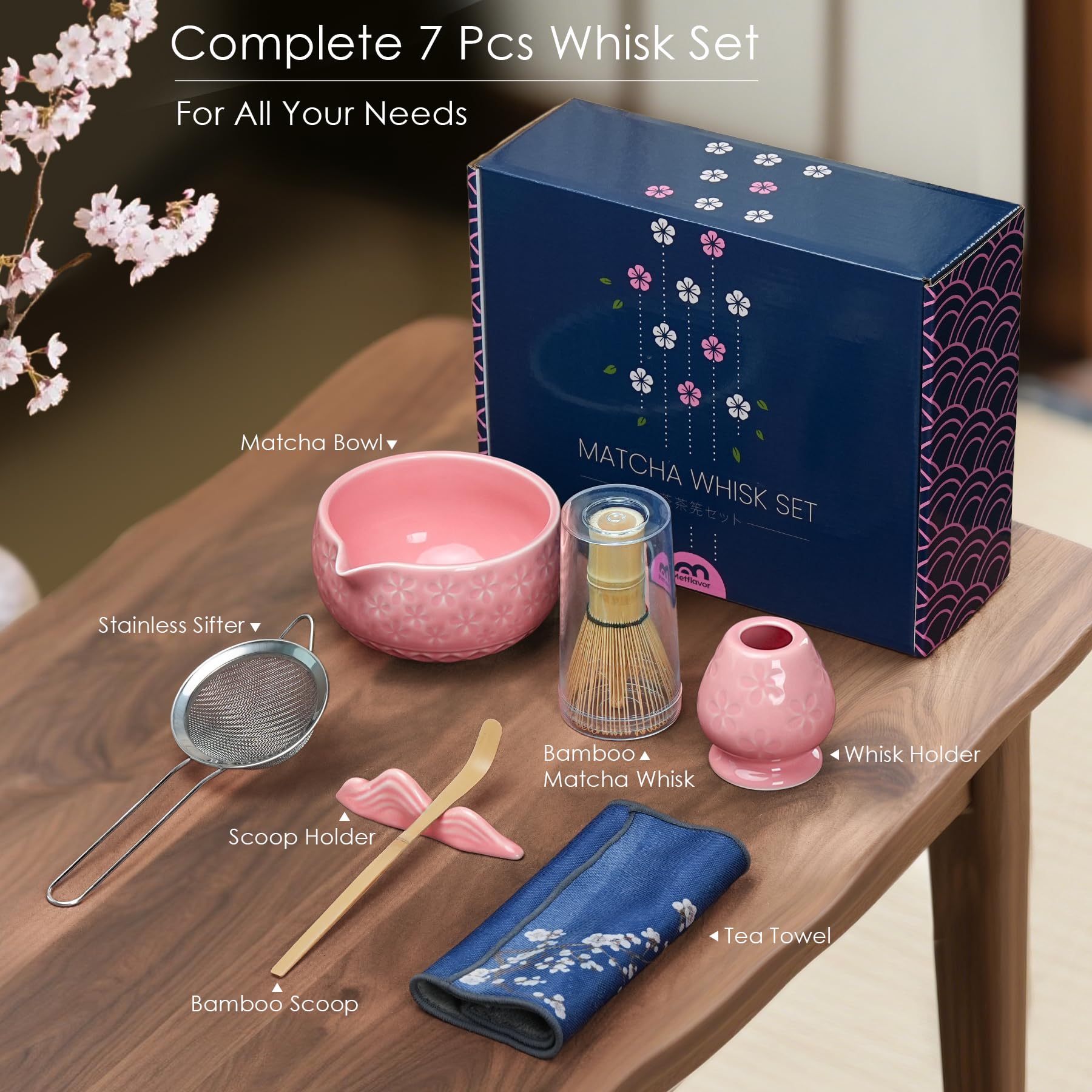 Metflavor matcha bowl with spout in Sakura pink for easy pouring