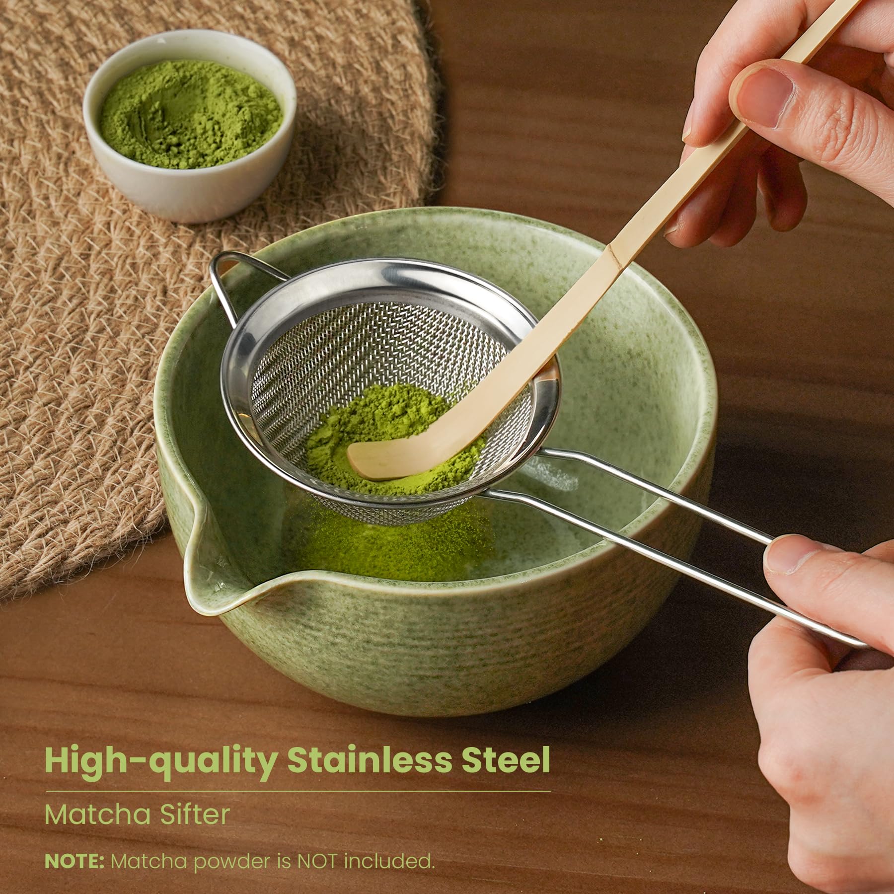 Metflavor Matcha Whisk Set stainless steel sifter for smooth cups.