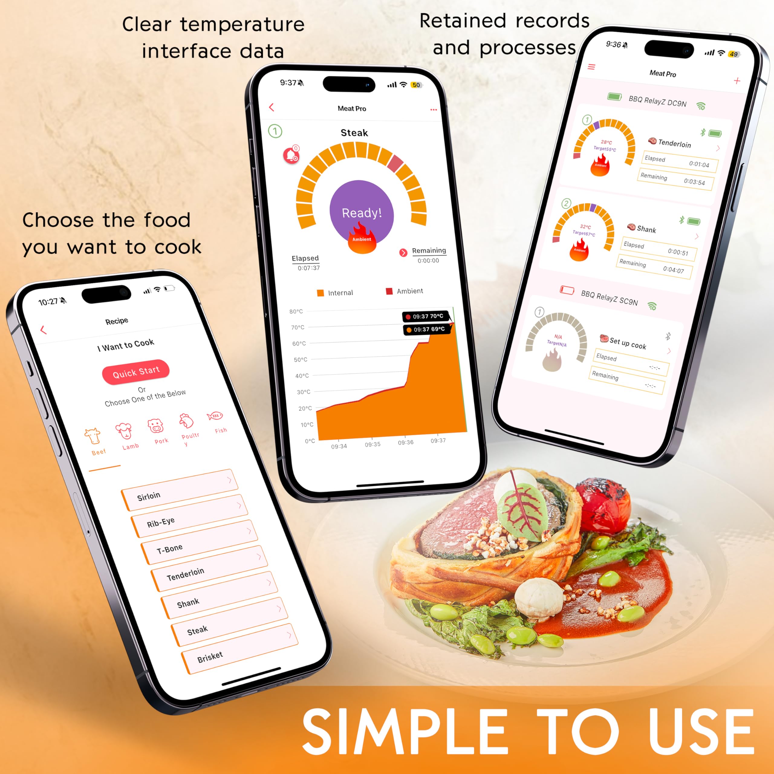 Meuulty dual-sensor probes monitor internal and ambient temps for even cooking.