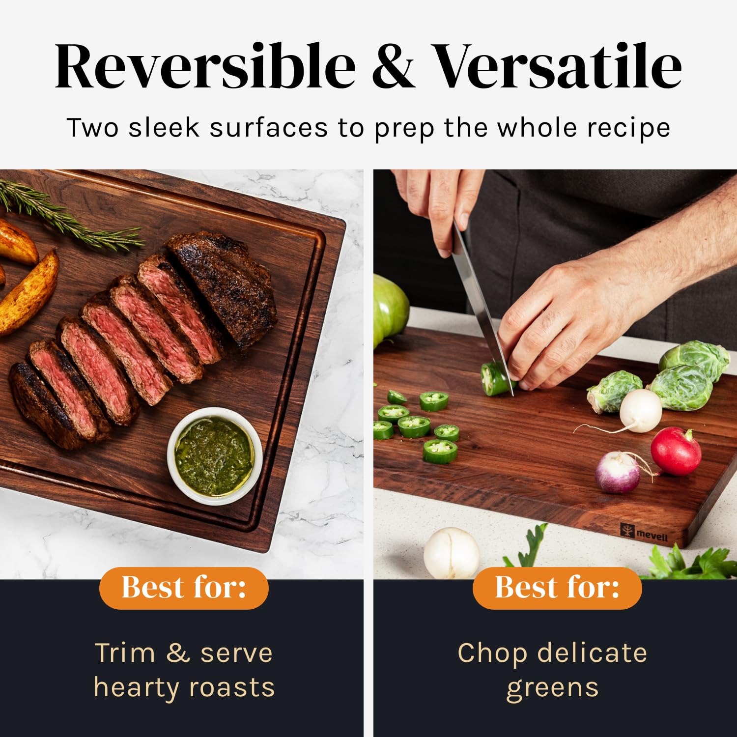 Mevell walnut cutting board reversible use for prep and serving