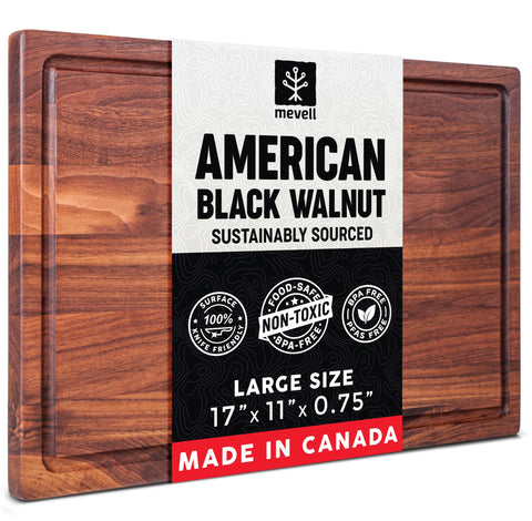 Mevell walnut cutting board top view shows sturdy prep surface with rich grain