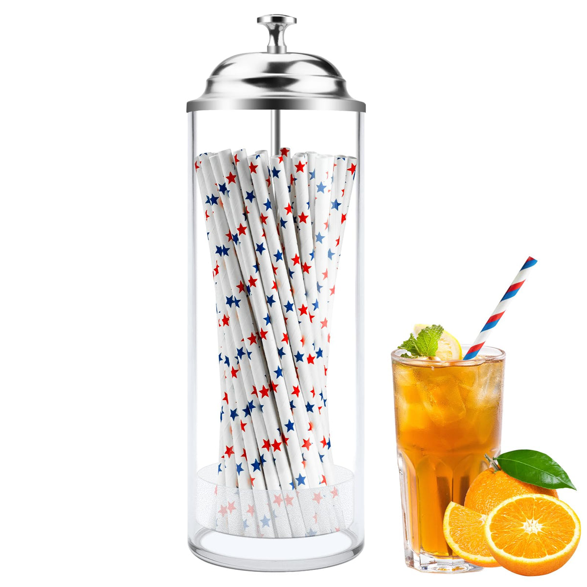 Mevtok straw holder front view with lid open for quick access.